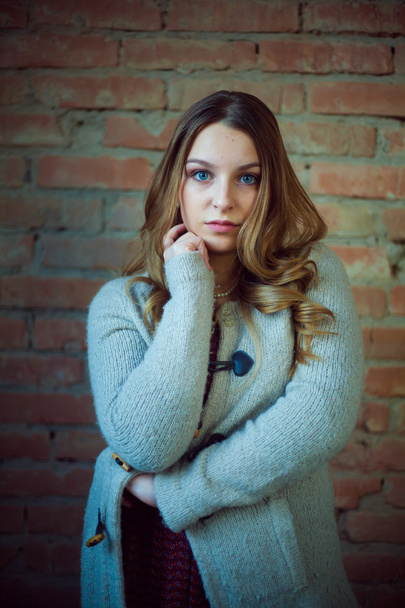 bela menina retrato branco suéter tijolo fundo
 - Foto, Imagem