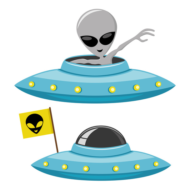 Cheerful alien and ufo - Vector, Imagen