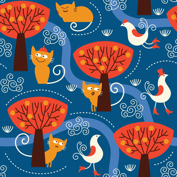 Seamless pattern with cats and birds - Wektor, obraz
