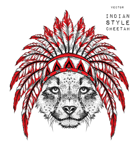 Cheetah in the Indian roach. Indian feather headdress of eagle. Hand draw vector  illustration - Vector, Image