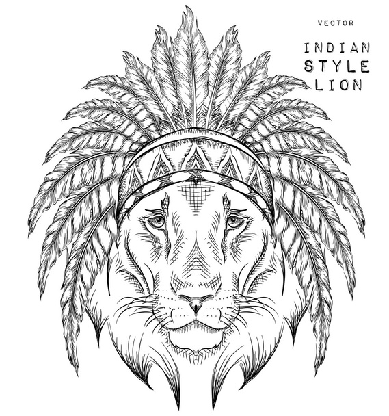 Lev v indické plotice. Indické peří čelenku orla. Ruky kreslit vektorové ilustrace - Vektor, obrázek