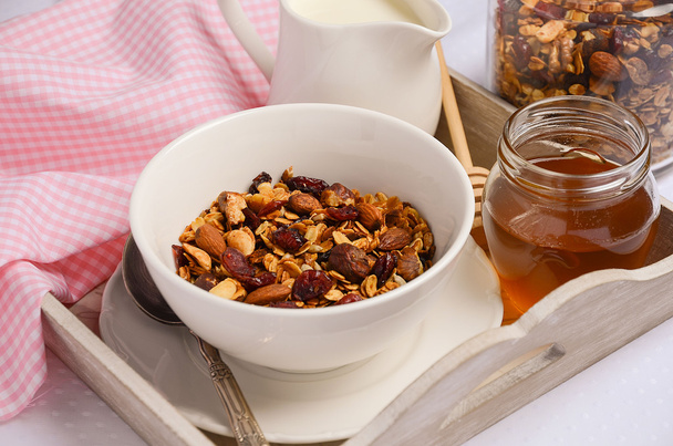 Homemade granola with nuts and dried cranberries with milk and honey. - Photo, Image