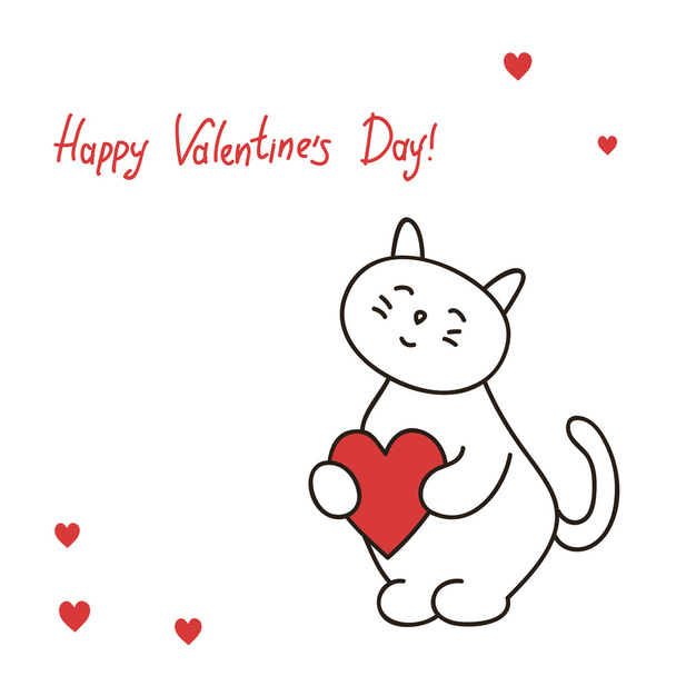 Όμορφη γατούλα ευχετήρια κάρτα κρατά την καρδιά για την ημέρα του Αγίου Βαλεντίνου - Διάνυσμα, εικόνα