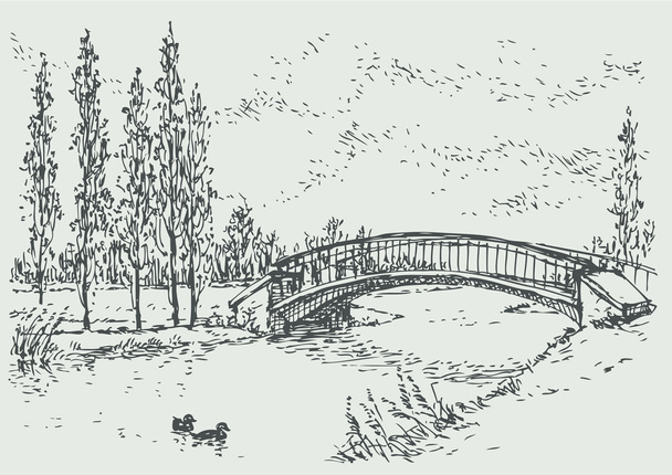 Paisaje vectorial de puente sobre el río y álamos
 - Vector, Imagen