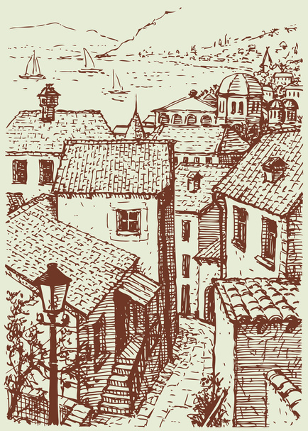 Vector cityscape. Old narrow street going down to the sea - Vector, Image