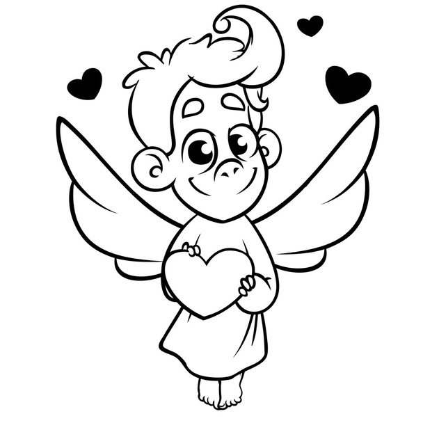 Valentine Day cupid angel cartoon style vector illustration. Amur cupid kid playing isolated on white background. Vector line art isolated - Вектор,изображение