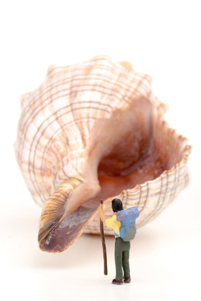 Miniatura de un excursionista en una concha grande
 - Foto, Imagen