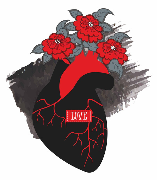 İnsan kalbi suluboya smear bir arka plan üzerinde çiçekli silüeti - Vektör, Görsel