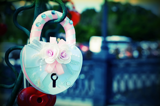 Beautiful wedding locks on the iron tree of love. - Фото, зображення