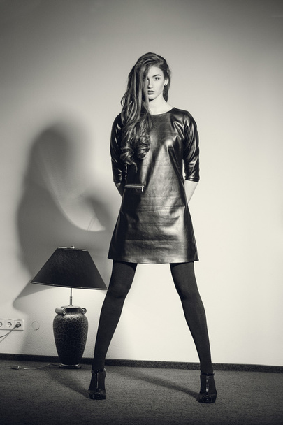 Young seductive woman in a black leather dress - Fotografie, Obrázek
