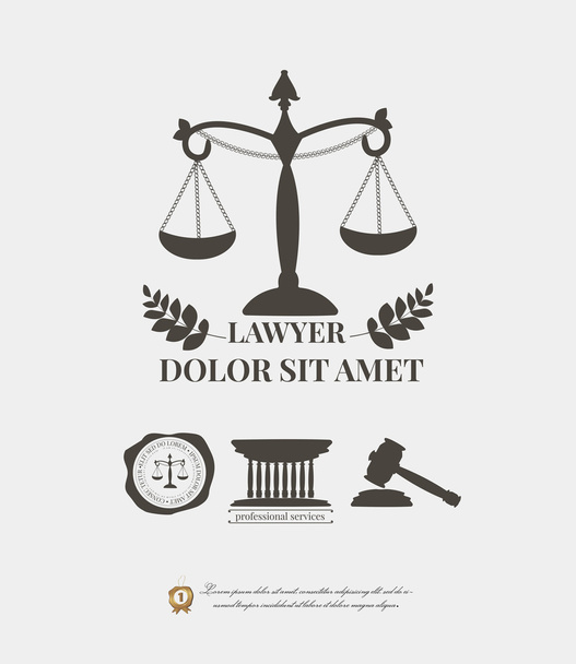 Logo firmy prawa, prawnik wagi i młotek prokurator etykieta. Elementów typograficznych - Wektor, obraz