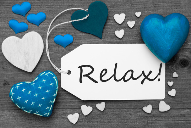Black And White Label With Blue Hearts, Text Relax - Foto, imagen