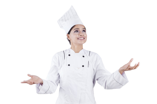 Chef Woman Showing Empty Copy Space - Foto, Bild