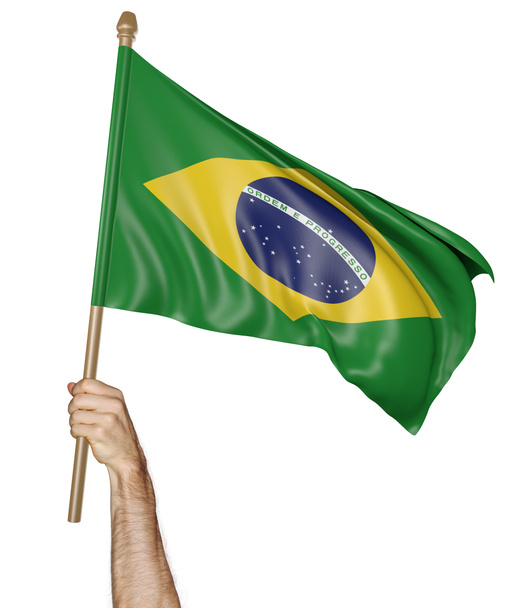 Hand trots wuiven de nationale vlag van Brazilië - Foto, afbeelding