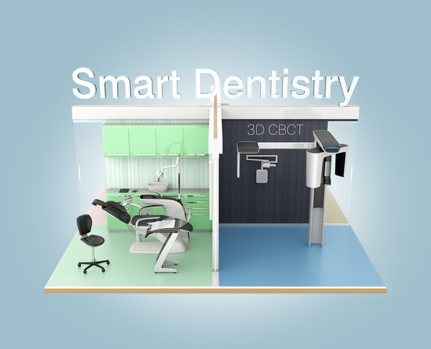 Vista frontal da clínica odontológica com texto 'Odontologia Inteligente'
 - Foto, Imagem