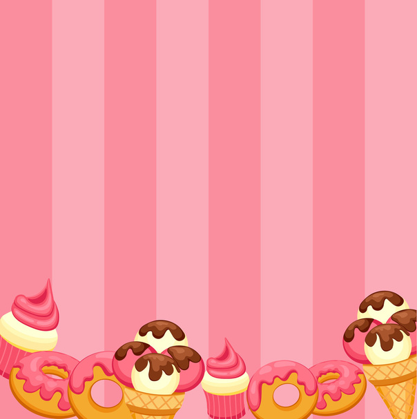 バニラ アイスクリーム、イチゴのカップケーキとドーナツ ピンク釉とを背景します。イラスト eps 10 あなたの設計のためのベクトルします。. - ベクター画像