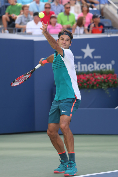 Seventeen times Grand Slam champion Roger Federer of Switzerland in action during his third round match at US Open 2015 - Фото, изображение