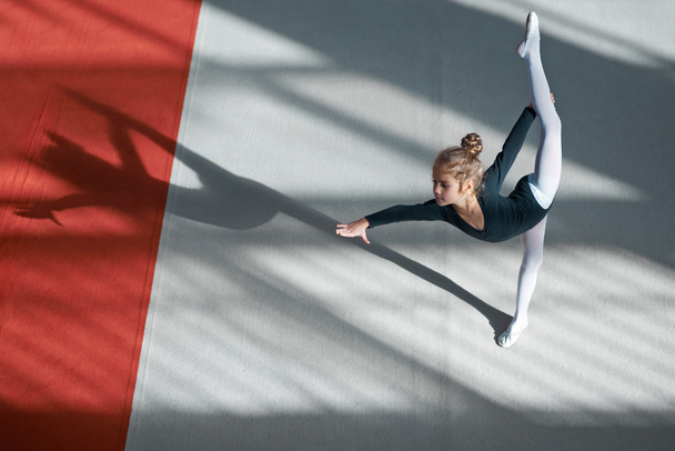 Girl doing the balance in  hall rhythmic gymnastics - 写真・画像