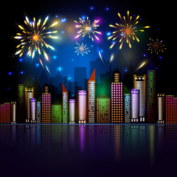 Nacht Stadtsilhouette mit Feuerwerk - Vektor, Bild