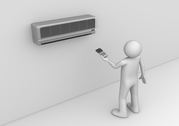Utilizador de ar condicionado. Homem segurando controle remoto refrigerador. Coleção eletrônica
 - Foto, Imagem