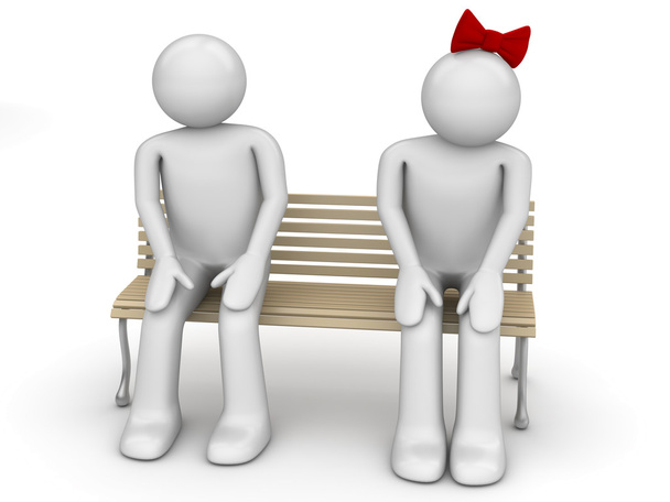 Shy man and woman on a bench (love, valentine day series, 3d isolated characters) - Photo, Image