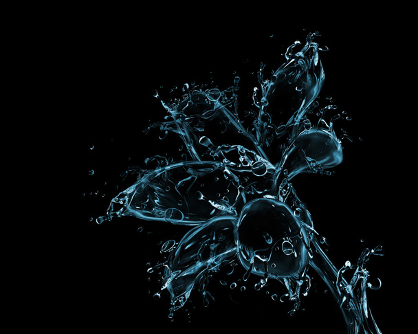 Blume Blüte flüssiges Kunstwerk auf schwarz - Blütenknospenform aus Wasser mit fallenden Tropfen - Foto, Bild