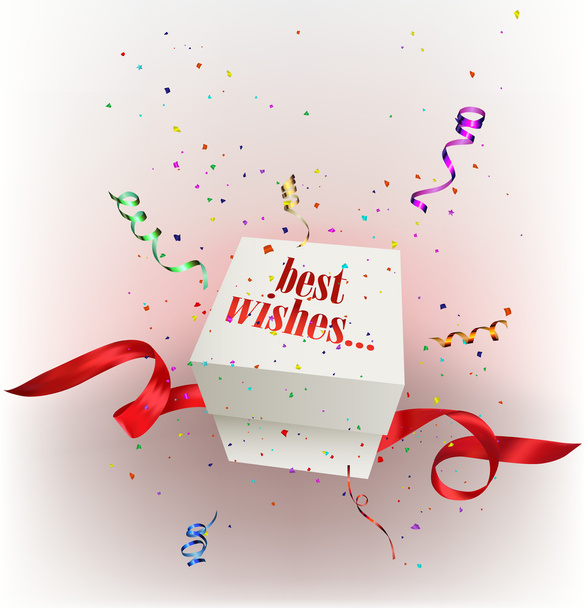 Ajándék doboz és konfetti üdvözlőlap-ünnep - Vektor, kép