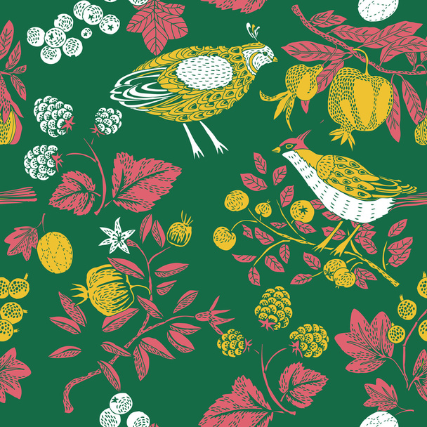 Colored illustration of leaves, fruits and birds - Vector, Image