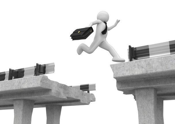Liikemies hyppää tiekuilun yli
 - Valokuva, kuva