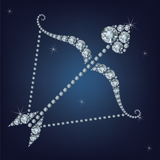 Cupid's bow made up a lot of diamonds on the black background - Vektori, kuva