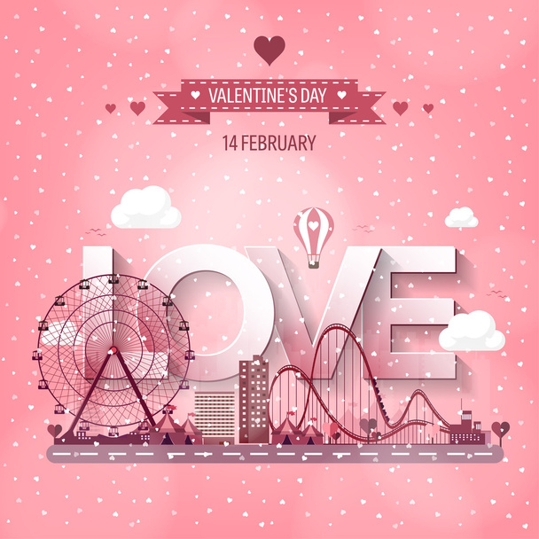 Vector illustration. Valentines day. Love. 14 february. Park. Ferris wheel. Roller coaster. - Vector, Image
