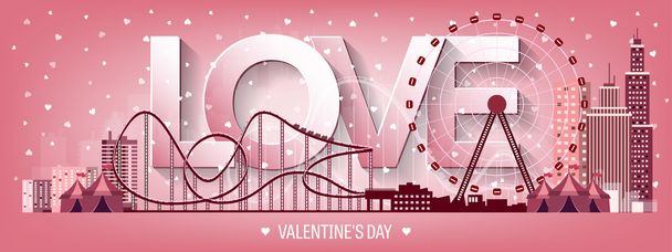 Vector illustration. Valentines day. Love. 14 february. Park. Ferris wheel. Roller coaster. - Vektor, obrázek