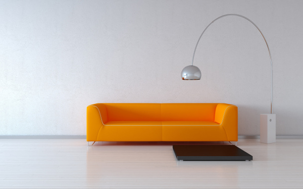 Cómodo sofá naranja junto a la pared
 - Foto, Imagen
