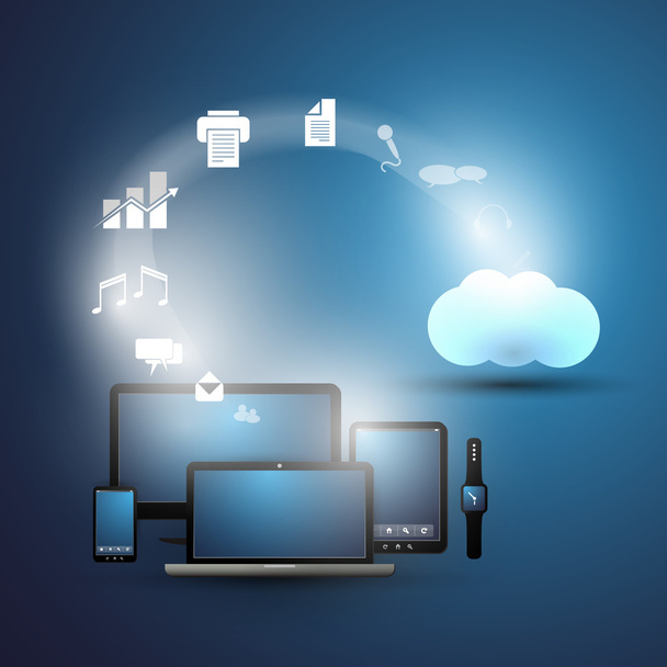 Το Cloud Computing σχεδιασμό, δημιουργική πρότυπο με διάφορες συσκευές επικοινωνίας - Διάνυσμα, εικόνα