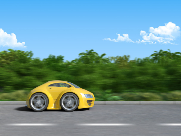 Yellow sportcar on the road (3D render of Funny sportcar racing on the tropic island road) - Photo, Image