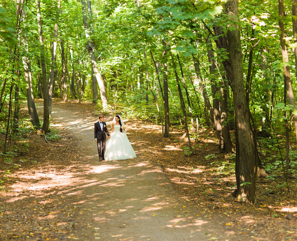 Panny młodej i pana młodego na chodzenie na zewnątrz dzień ślubu. Nowożeńcy w parku. - Zdjęcie, obraz