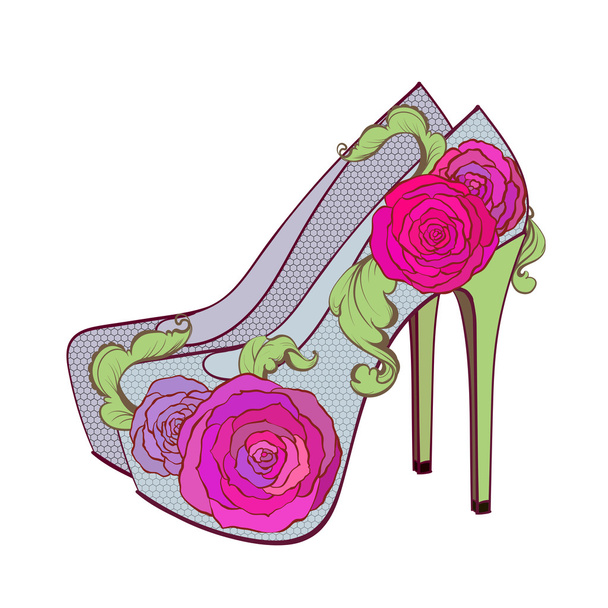 Fasion high - heel shoes with rosesand vintage leaves - Vector, Image