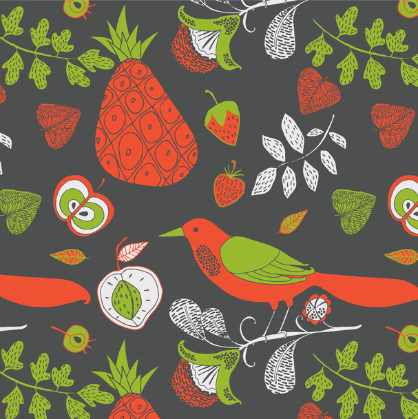 Bird and fruits pattern - Vector, imagen