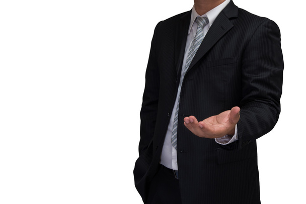 business man with welcome hand in black suite isolated on white  - Photo, Image