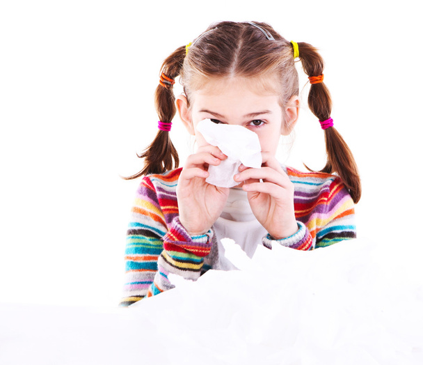 Little girl blows her nose - Photo, Image