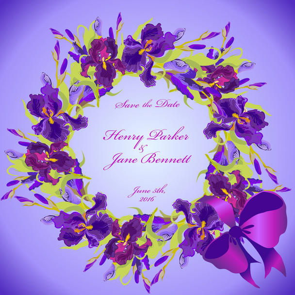 Wedding card with violet iris flower wreath background. Vector illustration - Vektor, obrázek