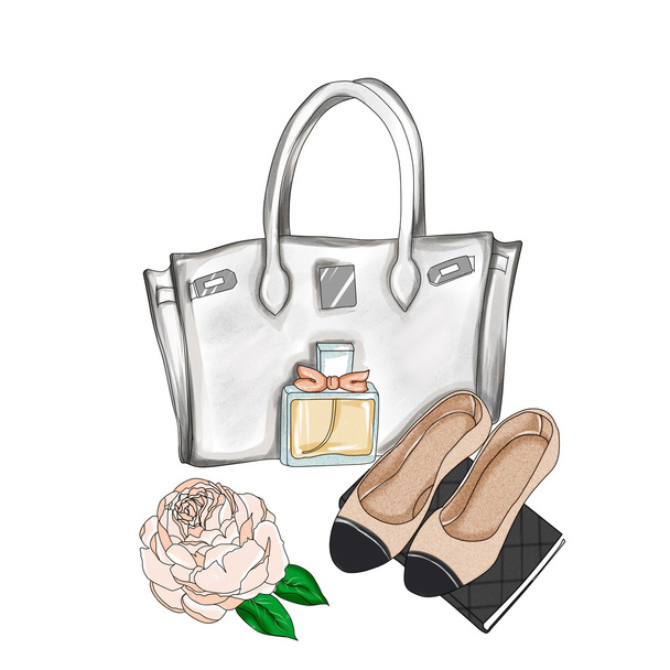watercolor illustration - Fashion Illustration - Hand drawn raster background - designer bag and flat shoes - Foto, imagen