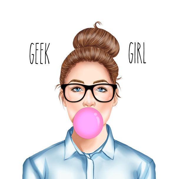 Hand drawn raster Illustration - Fashion Illustration of beutiful young pretty girl with glasses chewing bubble gum - Photo, Image