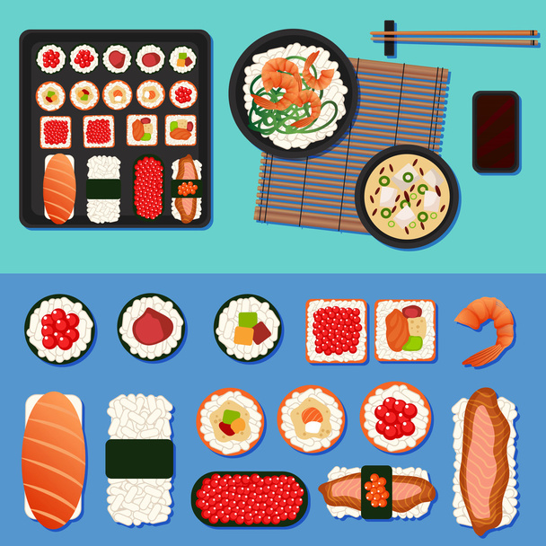 Japanese Food. Sushi Set with Different Rolls, Soup and Rice - Vector, Image