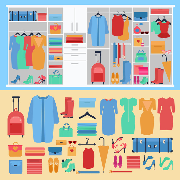 Wardrobe with Women's Clothing, Shoes ans Accessories - Vector, Image