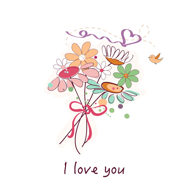 Flores de primavera y ramo de flores de margarita con te amo vector de texto
 - Vector, Imagen