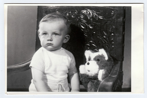 Retro photo of a small boy with teddy bear.  Portrait photo was taken in photo studio, circa 1972. - 写真・画像