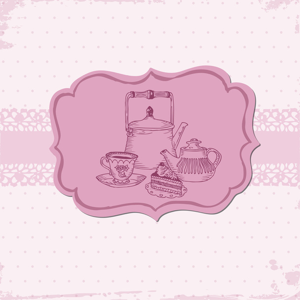 Cute Card with Cake and Teapots - for your menu or scrapbook in - Vector, afbeelding
