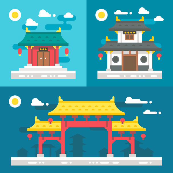 Плоский дизайн старинных китайских зданий
 - Вектор,изображение