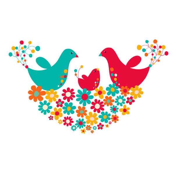 Две птицы с цыплятами в гнезде цветов
 - Вектор,изображение